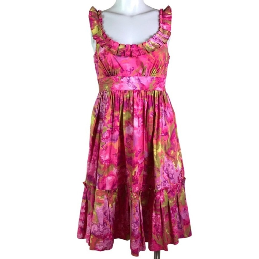 MAGGY LONDON PINK FLORAL RUFFLE DRESS